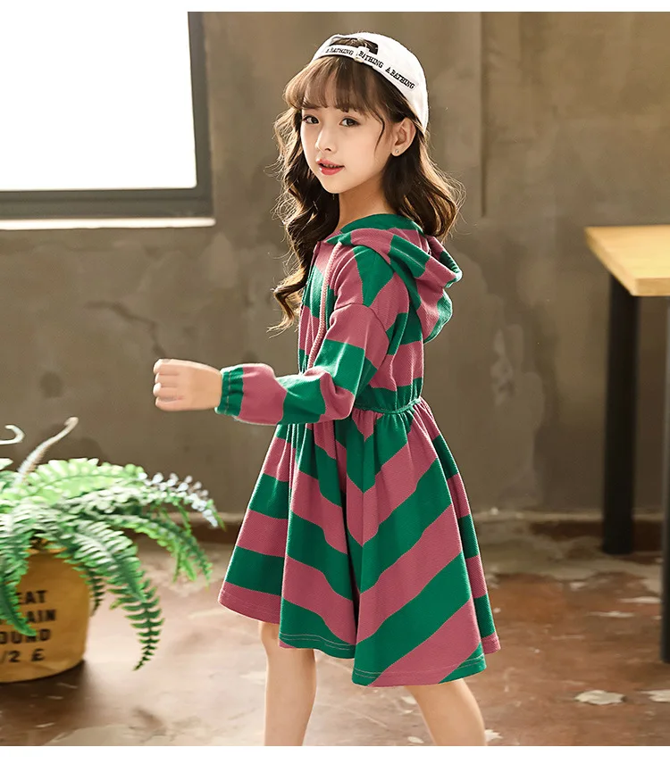 Autumn Girls Striped Dress Sweet Hooded Casual Dresses Cotton Fabric
