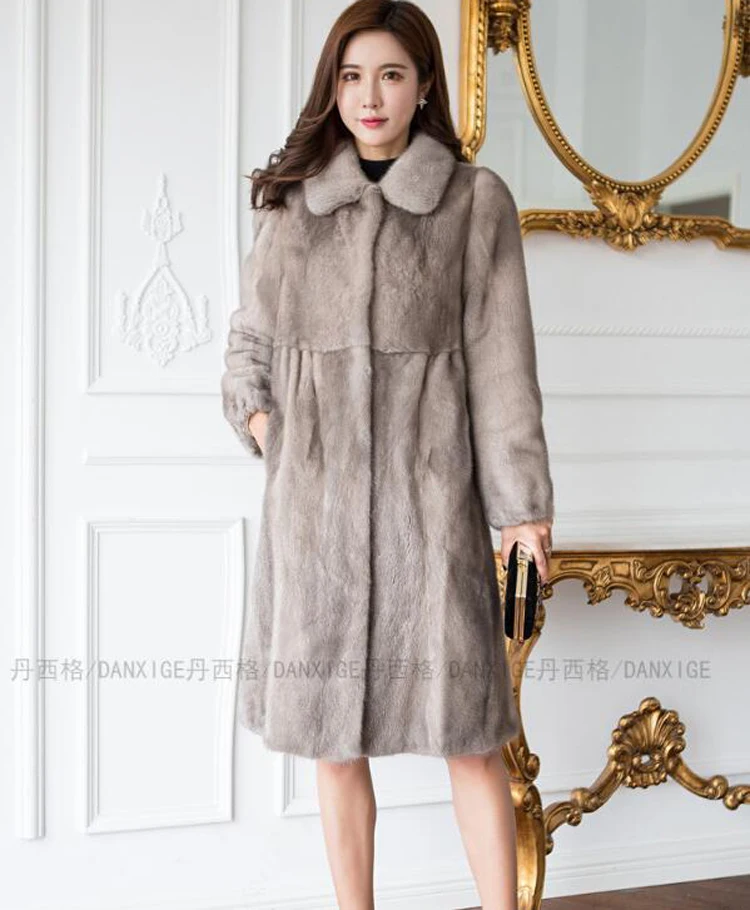 

Fashion new real mink fur coat long section lapel long sleeve coat large size custom