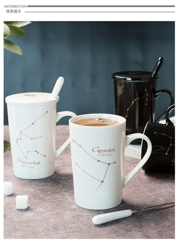 

Black & White Creative Constellation Porcelain Coffee Mug China Classic Tableware Milk Tea café Cup with Lid Spoon
