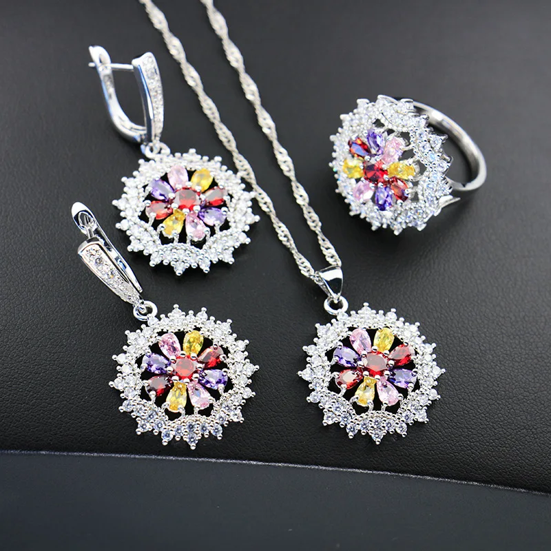 

Flower Multicolor Zircon 925 Silver Jewelry Sets For Women Wedding Earrings/Pendant/Ring/Necklace Set