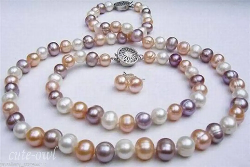 

Hot sale new Style >>>>Beautiful lady 7-8mm natural freshwater pearl necklace bracelet earring set AAA+