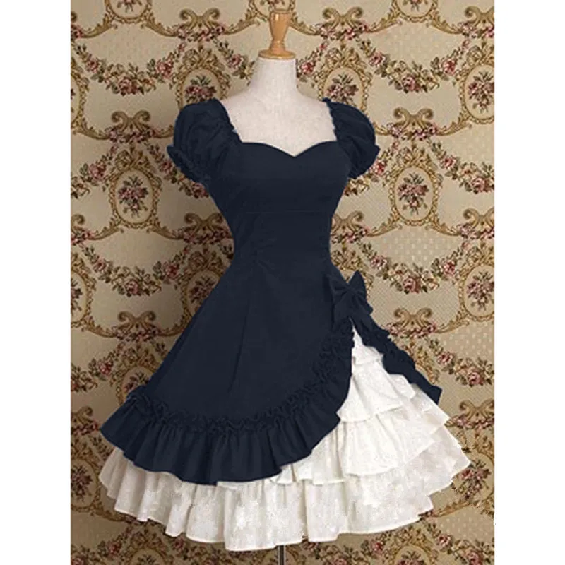 Винтажное готическое платье с оборками, женское платье с коротким рукавом и высокой талией, платья в стиле пэчворк с бантом, элегантное женское платье для вечеринки, милое платье vestidos mujer - Цвет: dark blue