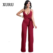 XURU Sexy Slim Bandage Jumpsuit Women's Jumpsuit Deep V-neck Cross Bandage Sleeveless Open Back Wide Leg Pants mock neck tie open back flare leg jumpsuit