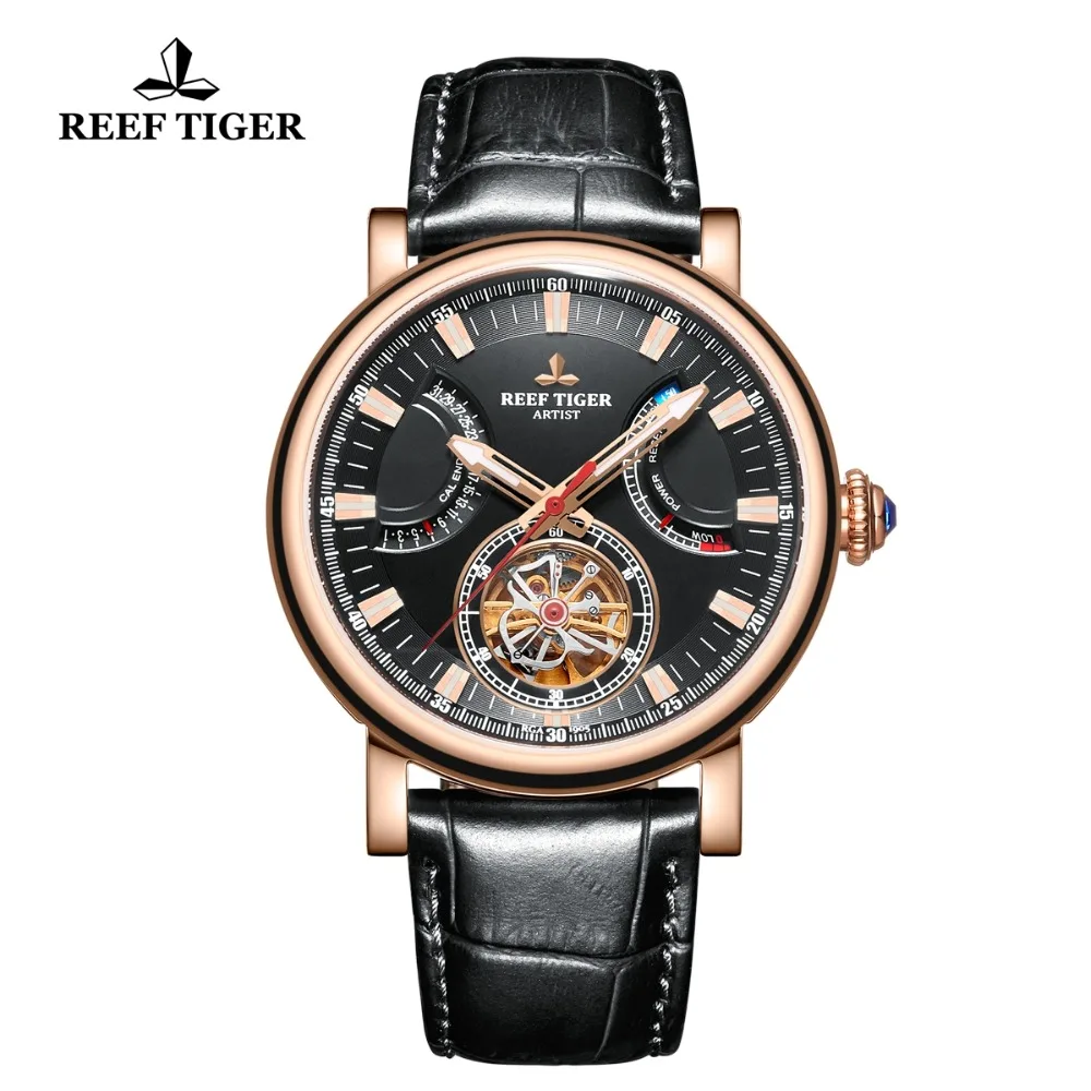 

Reef Tiger/RT Luxury Brand Mens Watches Rose Gold Black Dial Sapphire Glass Automatic Watches Brown Leather Strap Watch RGA1950