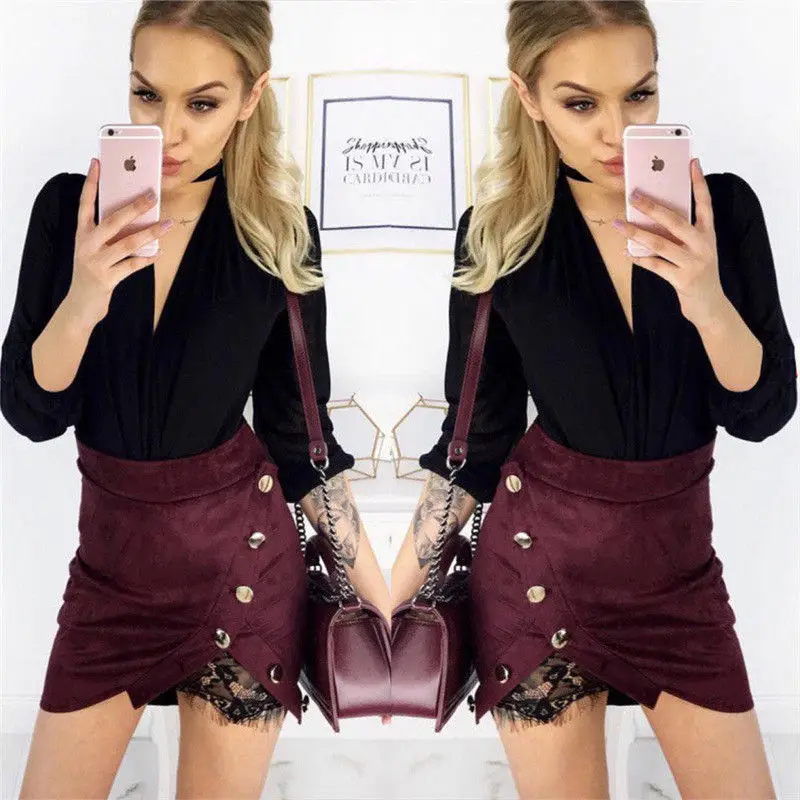 

Women Ladies High Waisted Pencil Skirt Bodycon Suede Leather Mini Skirt Women Casual Solid Mini Skirts