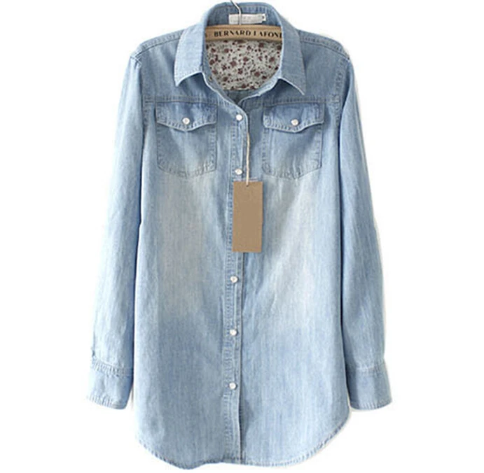 2015 women denim shirt plus size light Pearl button long wash long ...