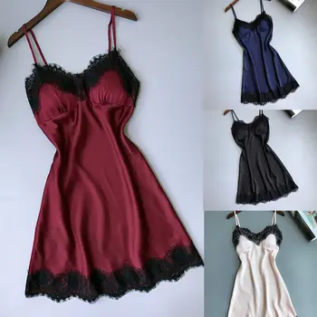 

2018 New Women Sexy Sleeveless V Neck Sleepwear Nightgown Satin Silk Babydoll Lace Robes Sleep Dress S-XL