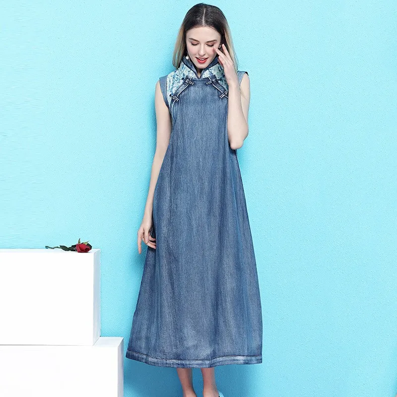 Лето китайский стиль Cheongsam хлопок джинсовые платья мода цветок вышивка свободный крой женское вечернее платье качество