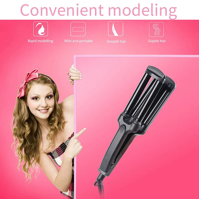 Online Rizador de pelo rápido de 3 barriles rizador de hierro rizador DIY S ondulado rizos salón de moda estilizador de pelo 13mm para chicas 100 240 V S34
