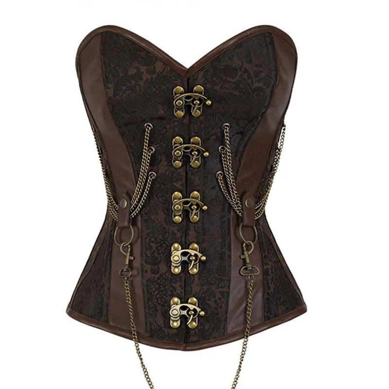 Women's Gothic Clothing Brown Buckle Steampunk Corset With Chains Sexy Slimming Belt Waist Trainer Corsets Overbust  (1)