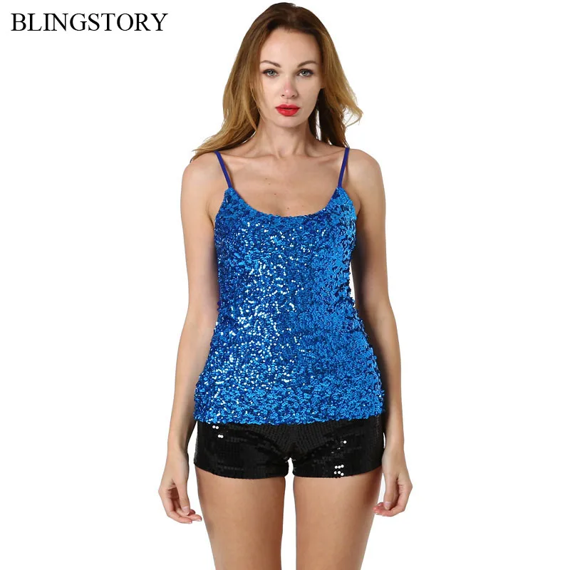 BLINGSTORY Sexy sleeveless women tops Stretch Design Bling Bling Sequin
