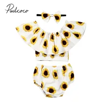 Летняя одежда для малышей Одежда для новорожденных девочек рубашки с подсолнухами топы+ шорты+ повязка на голову, комплект повседневной одежды из 3 предметов