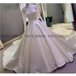 Часовня Поезд 2019 свадебное платье с длинным рукавом высокая шея Белый кружевной атлас Плюс Размер Линия Свадебные платья Vestido de noiva на заказ