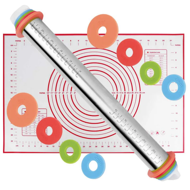 

Stainless Steel Adjustable Rolling Pin Silicon Mat Silicone Baking Pastry Mat Dough Roller with Rings Fondant Nonslip Liner