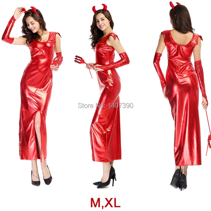 Sexy Red Latex PVC Devil Costume Women Leather Bodycon Long High Slit Dress Evil Queen Princess ...