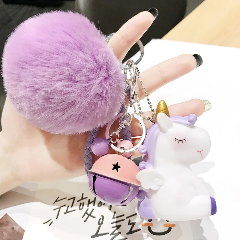 Cute Plush Pompom Unicorn Keychain Round Ball Pom Pom Faux Rabbit