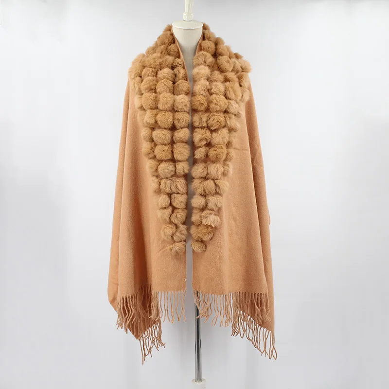 100% sheep fur cashmere shawl with real rabbit fur balls (16)