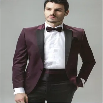 

New style Customized made Groom Tuxedos Groomsmen Burgundy Men Wedding Suits 2pcs jacket+Pants Party Prom Occasion