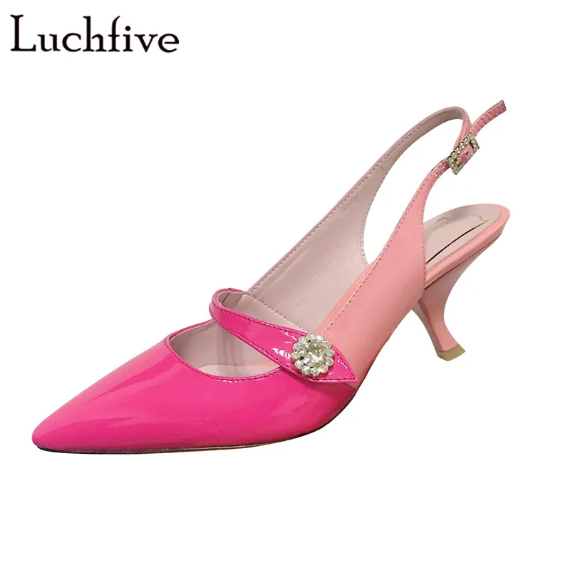

Rhinestone One Belt Summer Sandals Sexy Kitten Heels Buckle Strap Shoes Woman Pointed Toe Rose Red Ladies Shoes With Heels