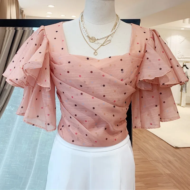 TWOTWINSTYLE сексуальная женская блузка в горошек квадратный воротник оборки рукав