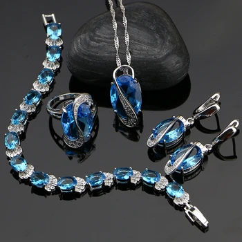 

925 Silver Jewelry Sets Sky Blue Zircon White Beads For Women Wedding Earrings/Rings/Bracelet/Pendant/Necklace Set