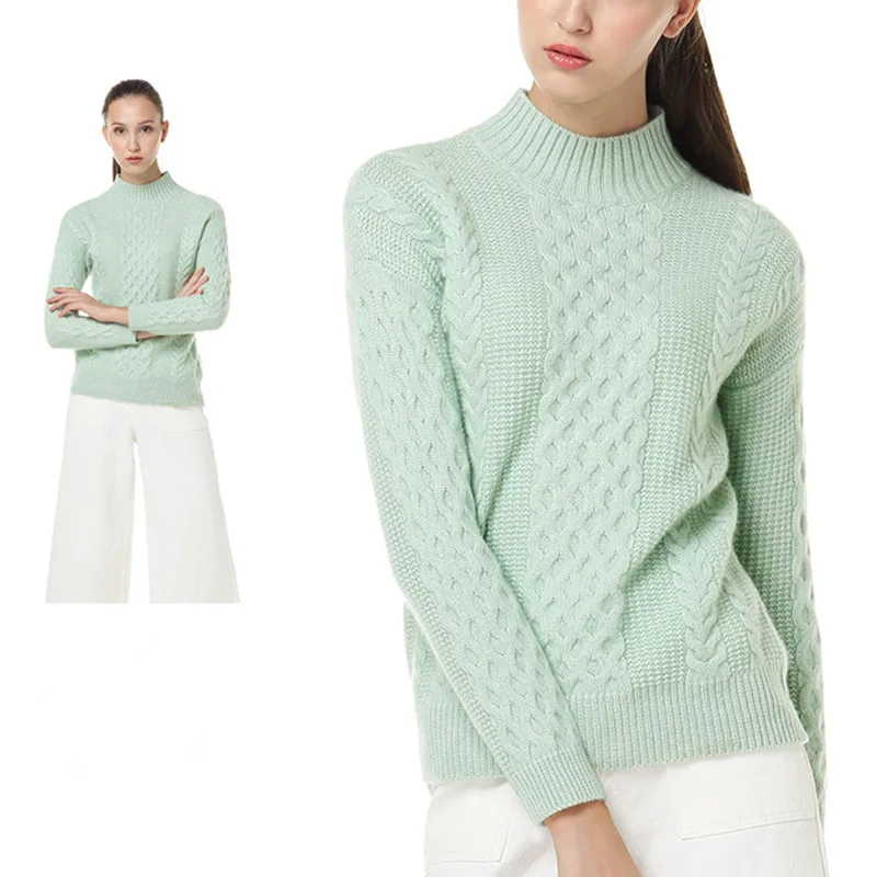  100%goat cashmere twisted thick knit women pullover sweater half-high collar H-straight claret 9col