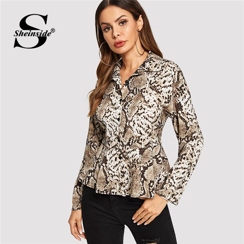 Sheinside Snake Print Peplum Top Women Long Sleeve Blouse