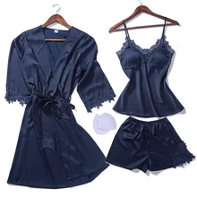 Новые женские элегантные шелковый атлас халат комплект Половина рукава и сексуальная ночная рубашка кружево пижамы мода twinset для женщин