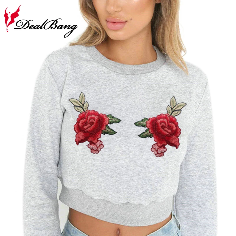 Dealbang вышитые розы укороченные кофты 2017 Harajuku серые толстовки женские осенние с