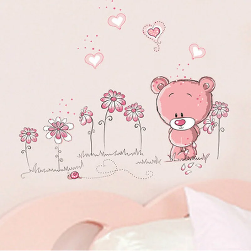 Cute Pink Cartoon Animal Love Bear Flower Baby Children Bedroom Room Decor Wall Stickers Kids Nursery Decal Sticker Girl Gift