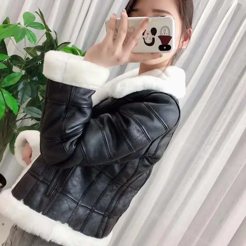 Abrigo mujer natural real sheep fur coat women clothes moto& Biker genuine leather jacket Double-faced Fur sheepskin coat