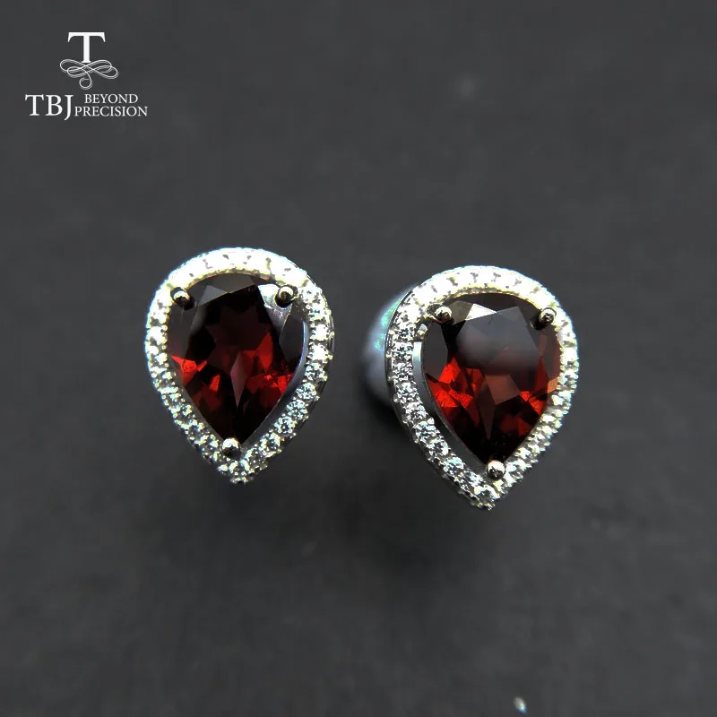 

TBJ,VVS Red pear Gemstone Natural Garnet Earrings Stud Genuine 925 Sterling Silver Jewelry for girls with jewelry box