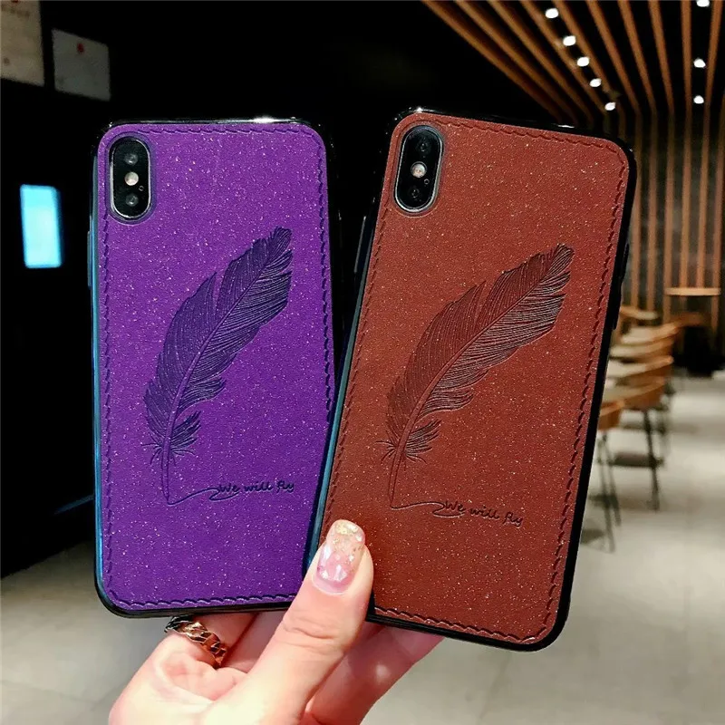 

Cool Bling Glitter Feather Case For iPhone X 6 6S 7 8 Plus XS Max XR PU Leather Back Case Soft Silicone Edge Hard Plastic Cover