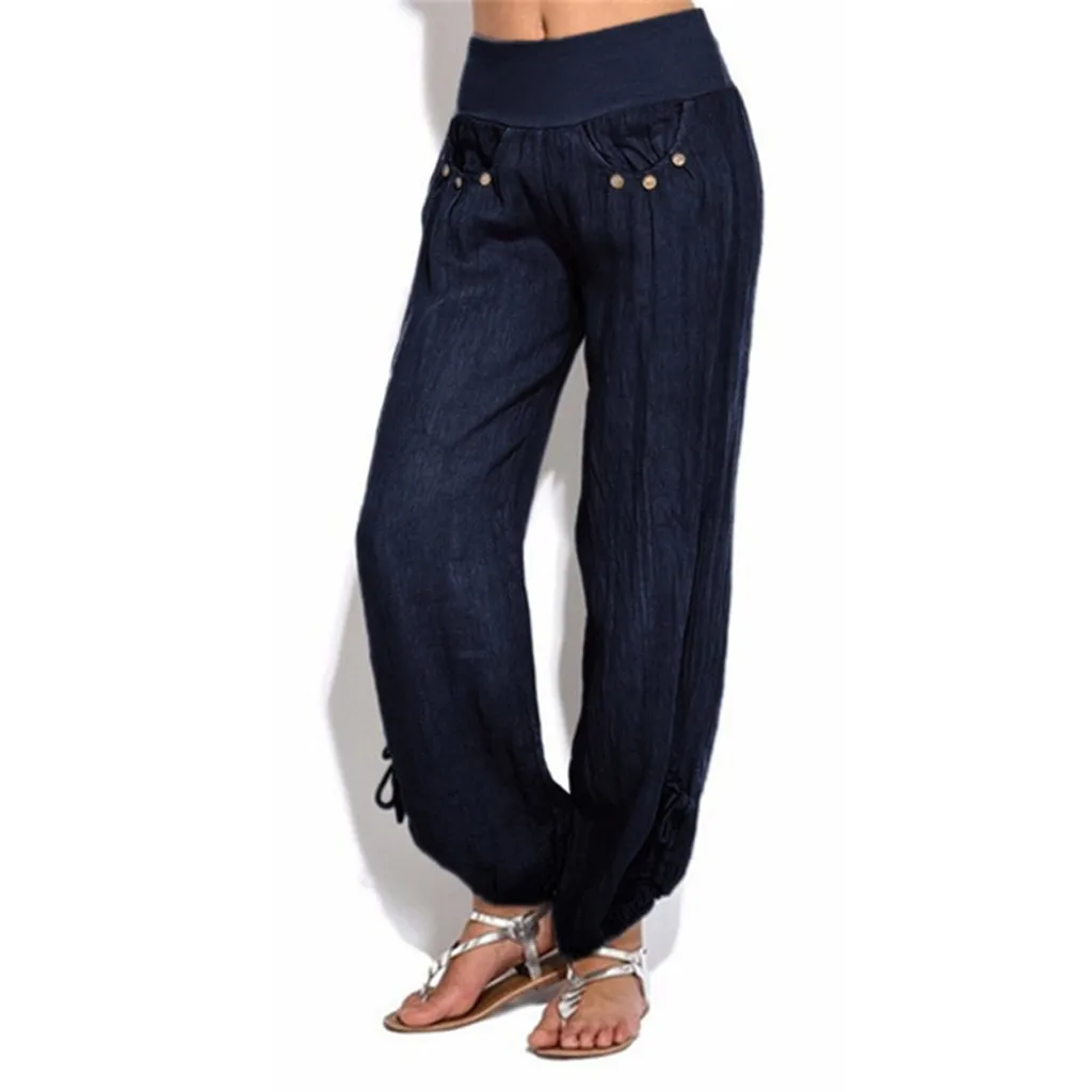 Pants For Women Fashion Women Solid Buttons Cotton And Linen Casual Loose Trouser Wide Leg Pants Pantalones De Mujer #N