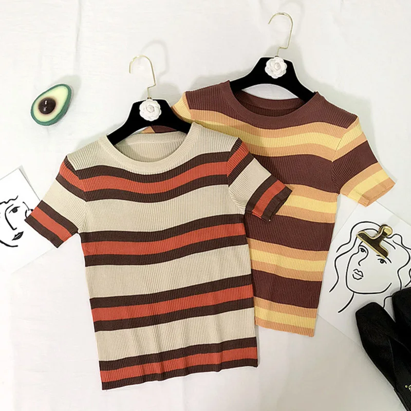 

Women Rainbow Stripe Short Sleeve Tshirt Summer Casual Comfortable Tops Sexy Slim Fit Fashion Knitwear T-shirt 2019 New