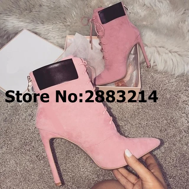 

Pink Nude Suede Women Pointed Toe Tie Up Stiletto Ankle Booties Thin Heels Gladiator Lady High Heels Short Boots botas mujer