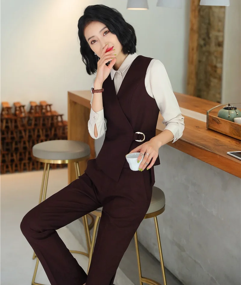 

Uniforms Designs Fashion Wine Pantsuits With 2 Piece Tops And Pants For Ladies Office Work Wear Vest Coat & Waistcoat Pants Suit