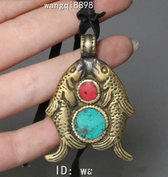 

wedding decoration 5CM Chinese Bronze Turquoise Fish Fishes Barracuda Animal Amulet Pendant Statue