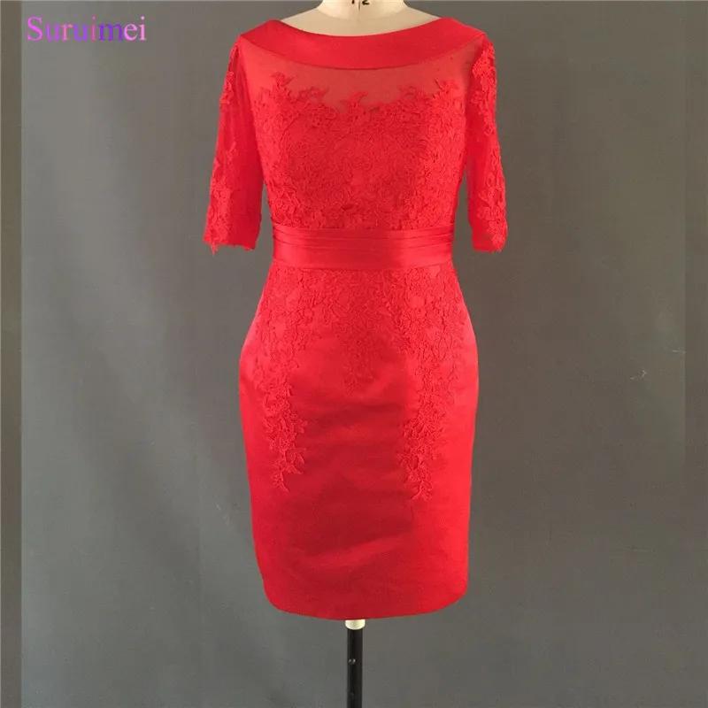 Rode Moeder Van De Bruid Jurken met Lange Mouwen Ronde Hals Lace Applique Wedding Event Jurken Rode Moeder Van De Bruid Jurken met Lange Mouwen Ronde Hals Lace Applique Wedding Event Jurken