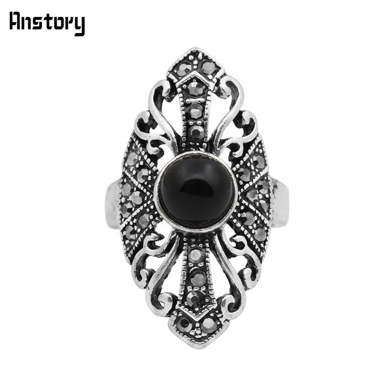 

Hollow Flower Black Stone Rhinestone Rings For Women Antique Silver Plated Party Gift Fashion Jewelry