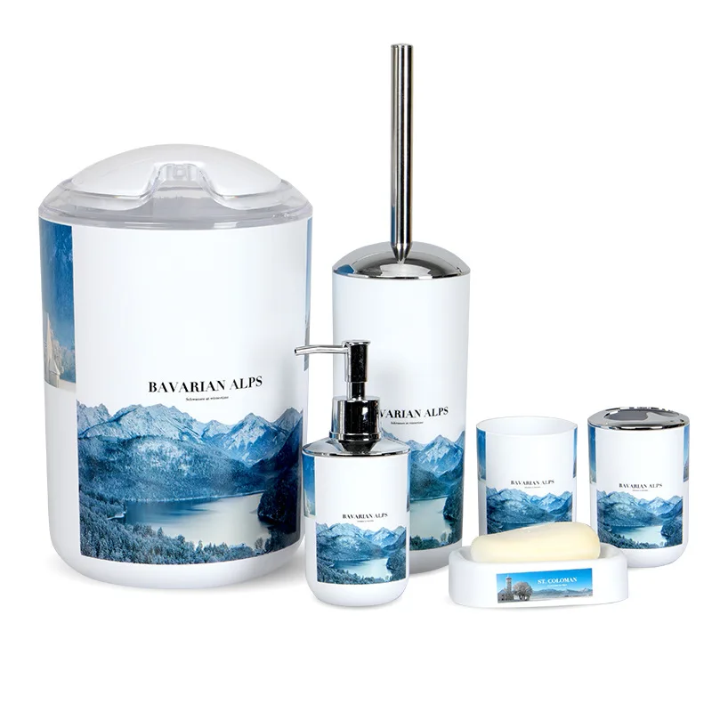 Nordic 6pcs/set Printing Bathroom Accessory Set Lotion Dispenser Toothbrush Holder Tumbler Cup Soap Dish Toilet Brush Trash Can Nordic 6pcs/set Printing Bathroom Accessory Set Lotion Dispenser Toothbrush Holder Tumbler Cup Soap Dish Toilet Brush Trash Can
