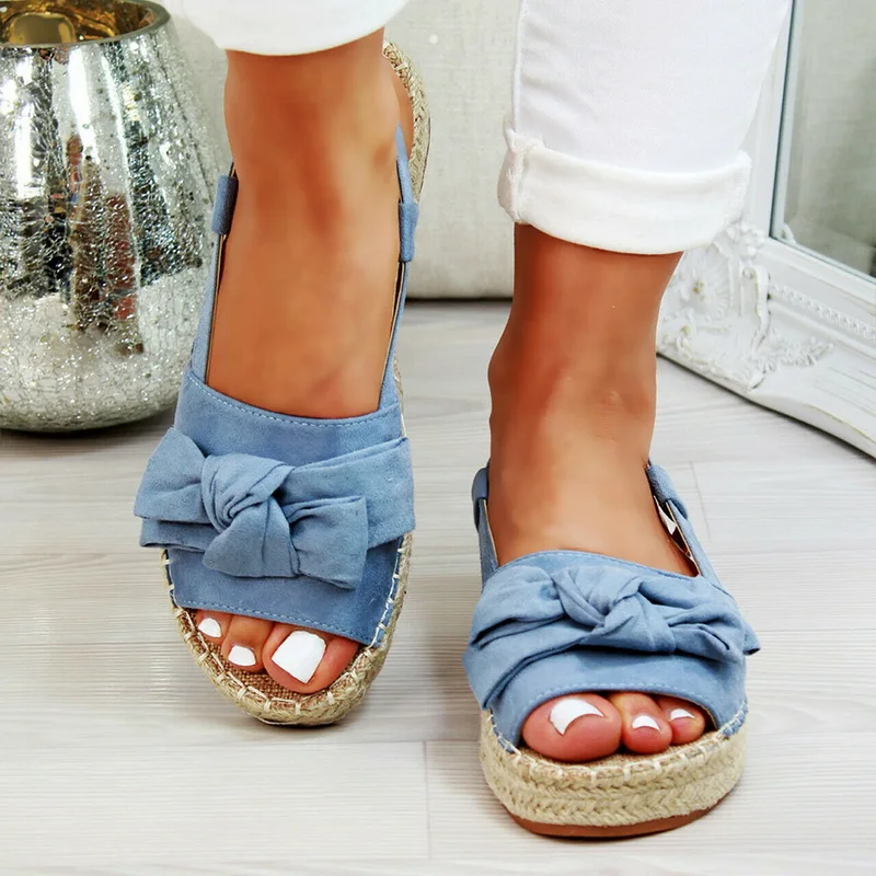 

SHUJIN Women Fashion Summer Platform Sandals 2019 Hemp Flock Flats Peep Toe Bowknot Buckle Strap Casual Plus Size Shoes