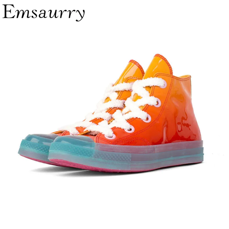 

High Shoes Woman 2018 New Chic Canvas Shoes Cross-tied Jelly Gradient Color Patent Leather Casual Shoes
