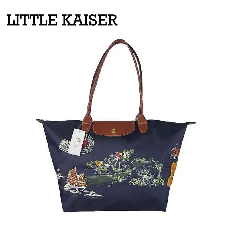 

Bag Women Handbag 2016 Casual Fashion Genuine Leather with Nylon Long Handle Folding Embroidery Shopping Hobos Shoulder Bags