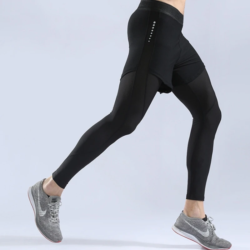 

2019 New FAKE 2 IN 1 Mens Full Length Pants Gyms Fitness Mesh breathable Tight Elastic Pants Quick-drying Leggings Men Pants