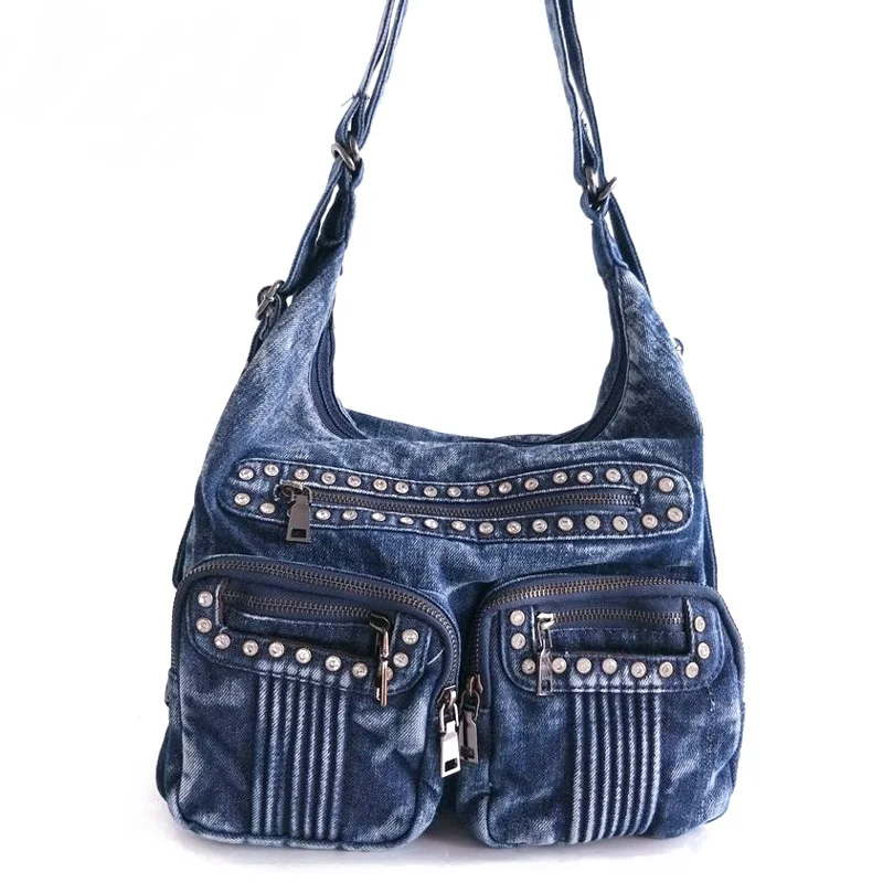 

Fashion Vintage Jeans Rivets Diamonds Denim Women Bags HandBags Crossbody Message purse Shoulder Bag carteira bolsa feminina