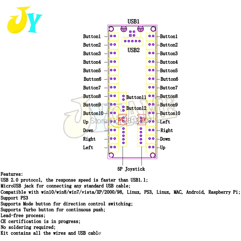 2 игрока аркадная Нулевая задержка USB энкодер ПК PS3 Raspberry Pi Android аркадный джойстик USB плата 5 в светодиодный кнопочный контроллер