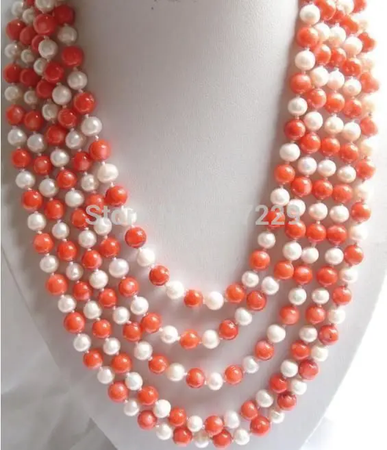 

HOT## Wholesale price FREE SHIPPING ^^^100'' 6-7mm White Akoya Pearl&Natural Sea Pink Coral Necklace