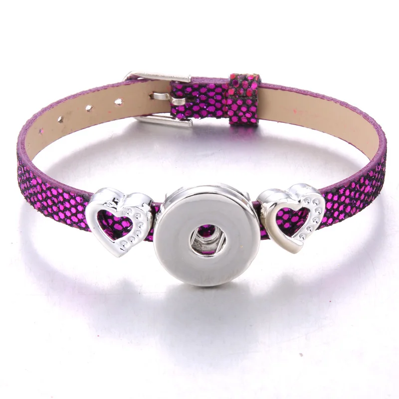 Новая кнопка оснастки ювелирные изделия кожаный ремешок стиль 18 мм браслет с кнопками для женщин детей Нержавеющая сталь любовь браслет с шармами цветами - Окраска металла: B-purple
