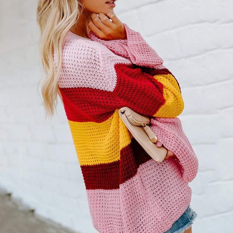 Ladies Sweater Rainbow Color Loose Bell Sleeve Pullover Blouses Autumn Winter Tops Female Long Sleeve Fashion Casu Ladies Sweater Rainbow Color Loose Bell Sleeve Pullover Blouses Autumn Winter Tops Female Long Sleeve Fashion Casu
